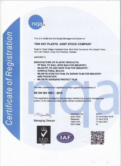 Certificate ISO9001.2015 - Công Ty Cổ Phần Nhựa Tiến Đạt